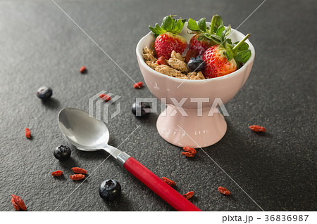 Bowl of breakfast cereals and fruits with spoon 36836987