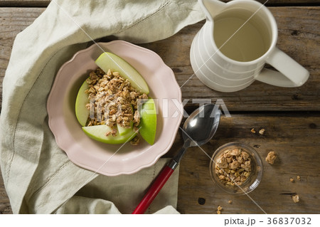 Plate of breakfast cereals with fruits and milk Plate of breakfast cereals with fruits and milk 36837032