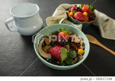 Bowl of breakfast cereals, fruits with spoon and milk 36837198