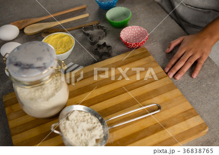 Ingredients arranged on a wooden table 36838765