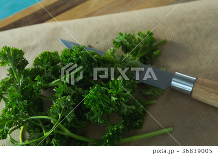 Coriander leaves, wax paper and knife on chopping board 36839005