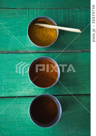 Cinnamon powder, chili powder and curry powder on wooden table 36839746