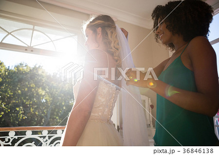 Beautician adjusting veil on bride hair at home Beautician adjusting veil on bride hair at home 36846138