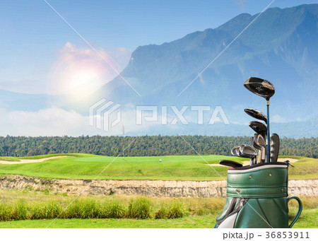 golf equipment on green and hole as background golf equipment on green and hole as background 36853911