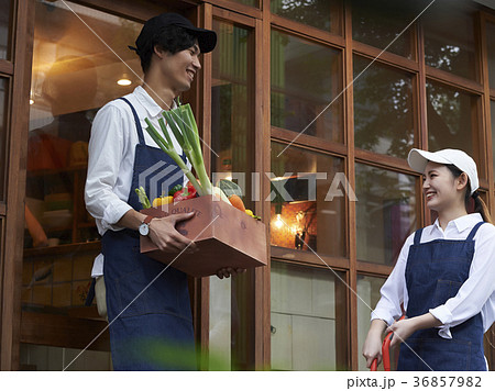 カフェ　準備をするスタッフ　野菜の仕入れ 36857982