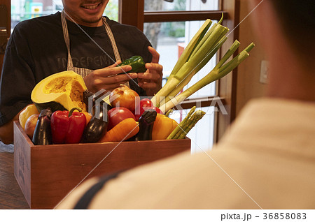 カフェ 準備をするスタッフ 野菜の仕入れの写真素材