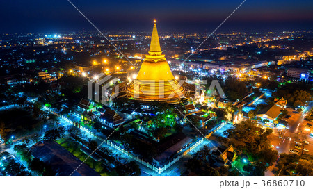 Aerial view of Beautiful Gloden pagoda at night. Aerial view of Beautiful Gloden pagoda at night. 36860710