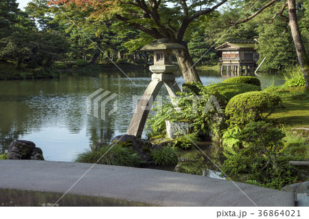 夏の兼六園 ことじ灯籠の写真素材