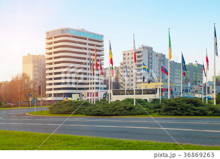 Countries flags, modern business office building Countries flags, modern business office building 36869263