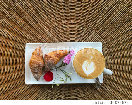 top view of hot coffee with croissants top view of hot coffee with croissants 36875672
