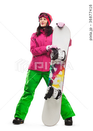 Girl with snowboard in studio on isolated 36877416