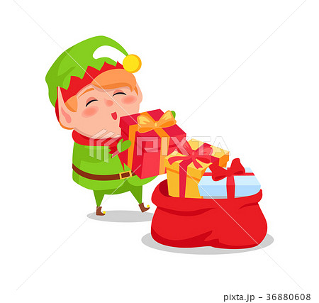Elf Santa s Helper Put Christmas Presents Red Sack 36880608