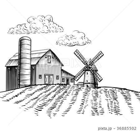 Windmill on agricultural field hand drawn sketch 36885502