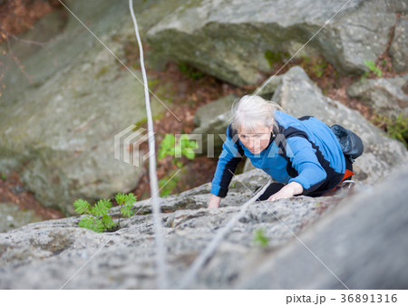 Woman practices in climbing at the rock in the mountains 36891316
