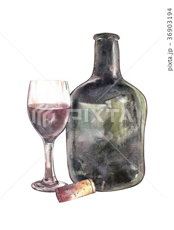 Composition with wine bottle, glass and cork 36903194