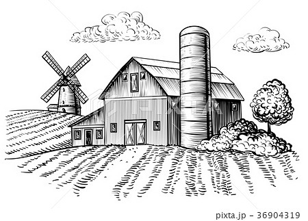 Rural landscape, farm barn and windmill sketch 36904319