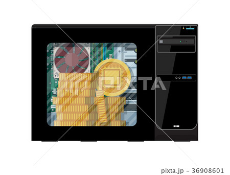 Stack of golden coin inside of computer case. 36908601