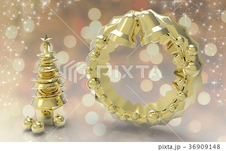 ゴールドのクリスマスツリーとリース 36909148