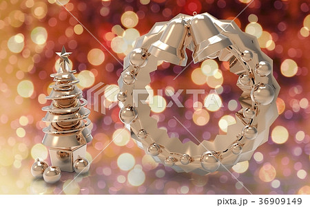 ゴールドのクリスマスツリーとリース 36909149