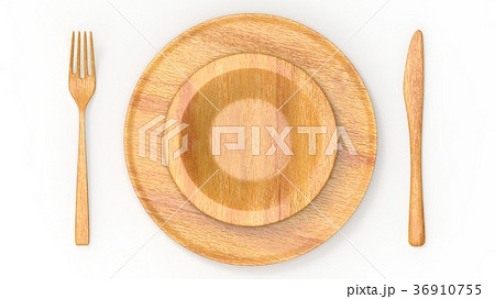 木製のお皿とフォークとナイフのイラスト素材