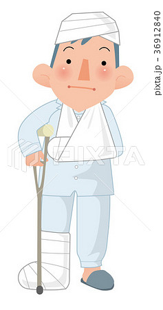 ケガで入院した男性 松葉杖 のイラスト素材