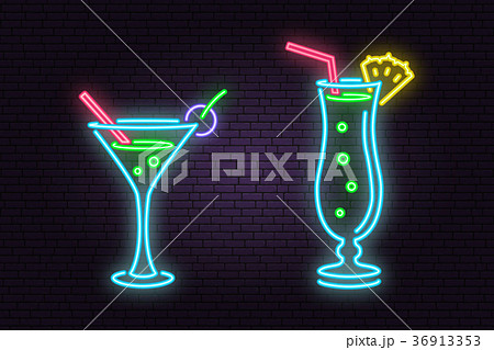 Set Of Cocktail Neon Emblem Vector Illustration のイラスト素材