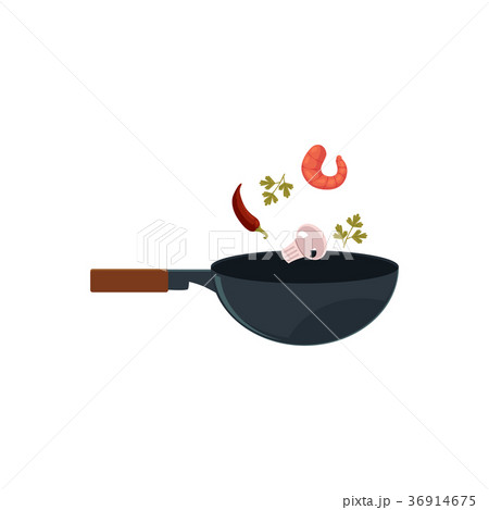 vector flat asian wok with flying ingredients vector flat asian wok with flying ingredients 36914675