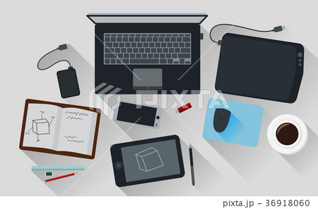 Office Workspace Computer Top View Flat Design 36918060