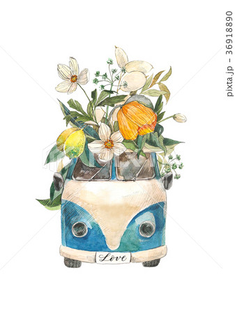 Watercolor car with hand drawn flower isolated on Watercolor car with hand drawn flower isolated on 36918890