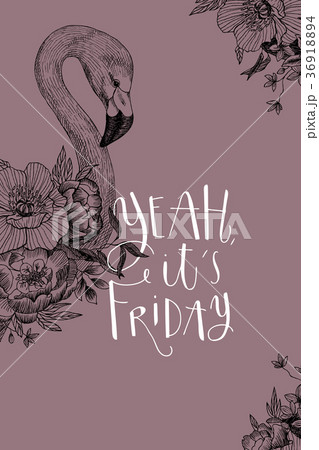 Vector drawing bird Flamingo with blooming flowers Vector drawing bird Flamingo with blooming flowers 36918894