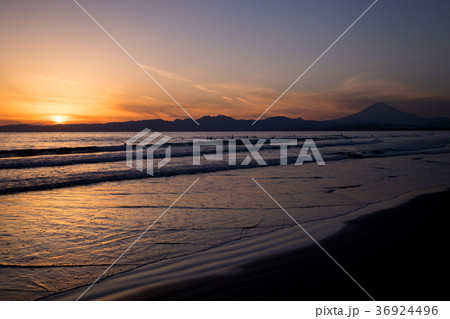 鵠沼海岸 富士山 夕陽 サーファー 鵠沼海岸 富士山 夕陽 サーファー 36924496