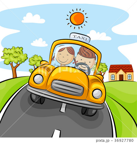 Children driving yellow car on the street Children driving yellow car on the street 36927780