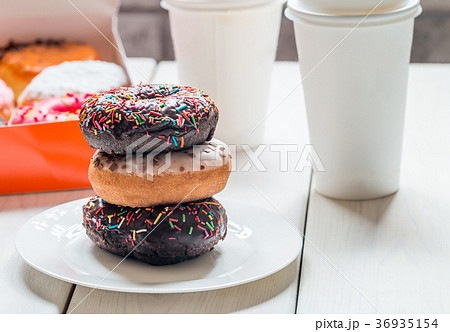 Fast food breakfast with donut  36935154