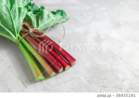 Fresh organic rhubarb on grey concrete background 36935291
