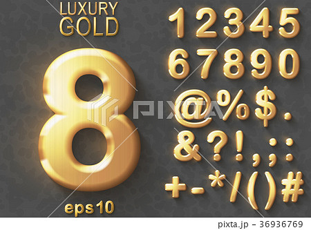 Set of golden glitter 3D Numbers and Characters. 36936769