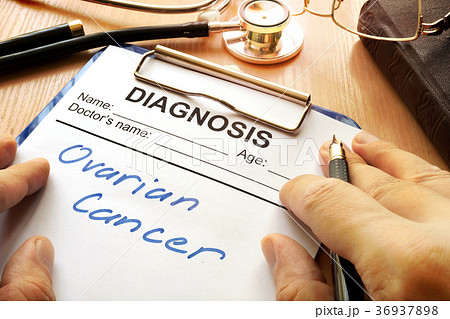 A diagnostic form with words Ovarian cancer. 36937898