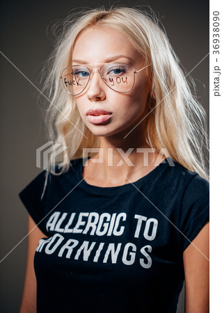 beautiful woman show middle finger fuck you off 36938090