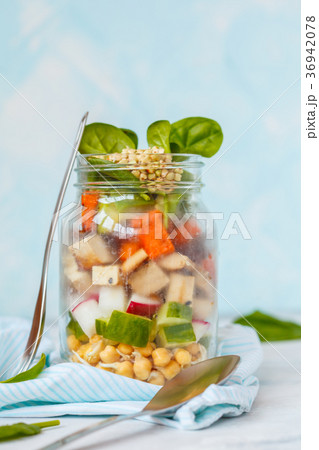 Warm vegan tofu sweet potato salad in a jar Warm vegan tofu sweet potato salad in a jar 36942078