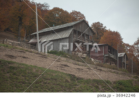 old wooden houses in a mountain, Georgian village 36942246