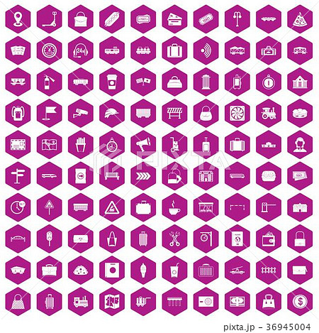 100 railway icons hexagon violet 36945004
