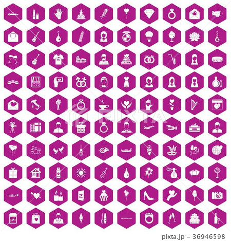 100 wedding icons hexagon violet 36946598