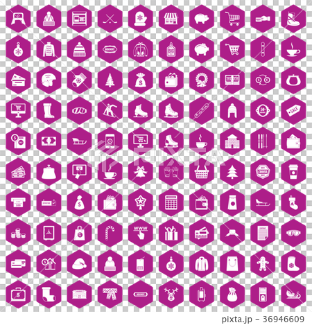 100 winter shopping icons hexagon violet 36946609