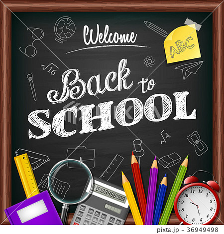School and office supplies on blackboard School and office supplies on blackboard 36949498