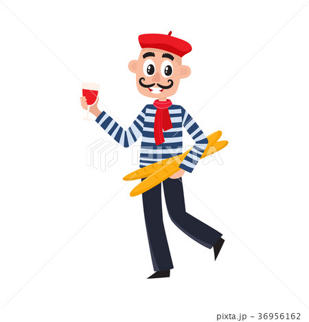 French man - striped shirt, beret, wine, baguettes 36956162