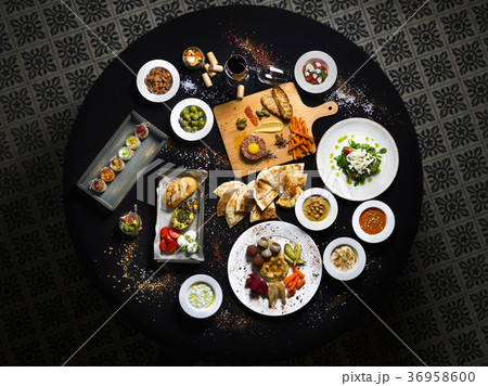 Served round table, Turkish and buckwheat dishes Served round table, Turkish and buckwheat dishes 36958600