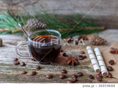 black coffee in glass Cup on wooden table 36959688