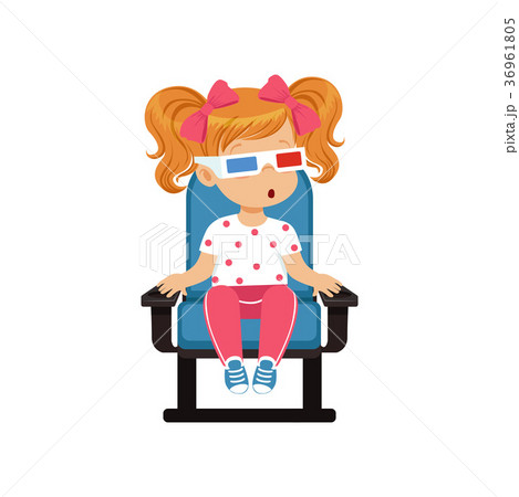 Sweet little girl in 3d glasses sitting on a blue Sweet little girl in 3d glasses sitting on a blue 36961805