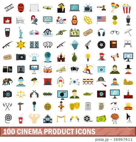 100 cinema product icons set, flat style 36967611