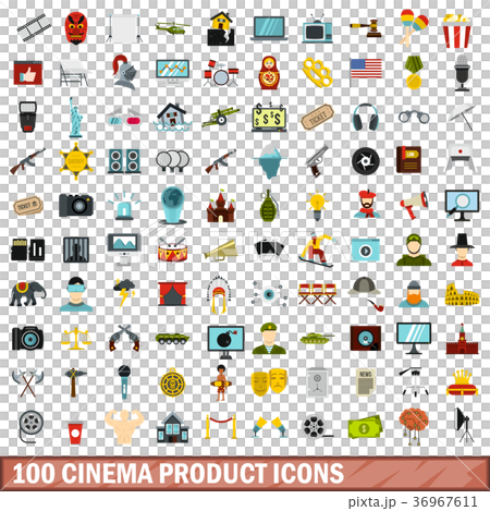 100 cinema product icons set, flat style 36967611