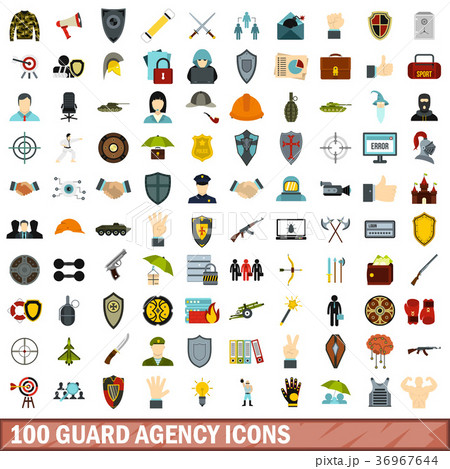 100 guard agency icons set, flat style 36967644